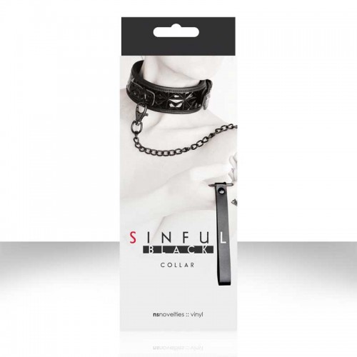 Черный ошейник SINFUL COLLAR с цепью-поводком
