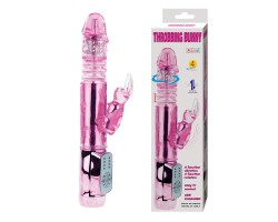 Розовый вибратор-зайчик Throbbing Bunny с ротацией головки и возвратно-поступательным движением - 24,5 см.