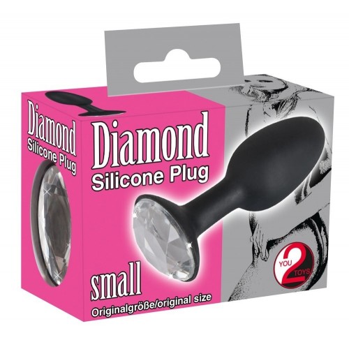 Чёрная анальная втулка с кристаллом Diamond Silicon Plug Small - 8,5 см.
