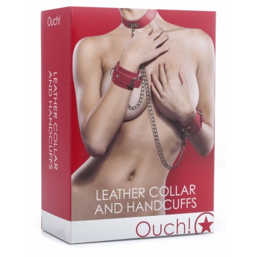 Красный комплект для бондажа Leather Collar and Handcuffs