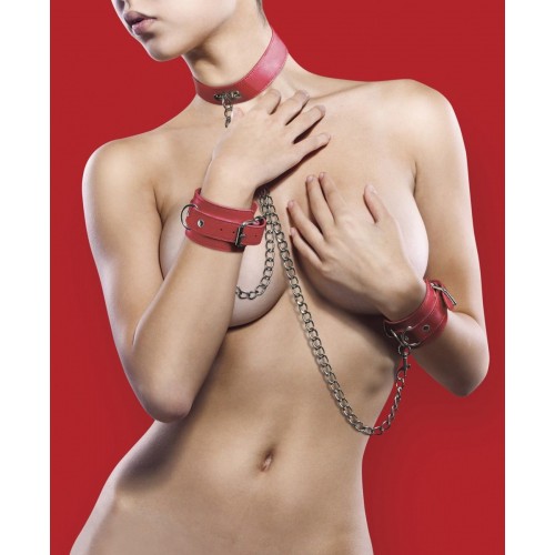 Красный комплект для бондажа Leather Collar and Handcuffs