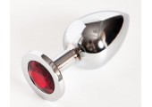 Серебристая анальная пробка с красным стразом - 9,5 см.