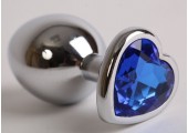 Серебристая анальная пробка с синим стразиком-сердечком - 8 см.