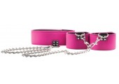 Чёрно-розовый двусторонний ошейник с наручниками Reversible Collar and Wrist Cuffs