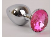 Серебряная металлическая анальная пробка с розовым стразиком - 9,5 см.