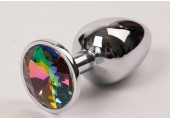 Серебряная металлическая анальная пробка с радужным стразиком - 9,5 см.