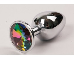 Серебряная металлическая анальная пробка с радужным стразиком - 9,5 см.