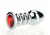 Серебристая фигурная анальная пробка с красным кристаллом - 10,3 см.
