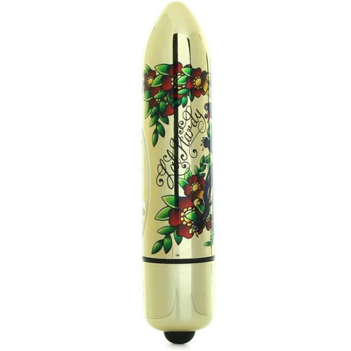 Золотистая вибропуля Pleasure Me Panther с цветочным принтом - 12,4 см.